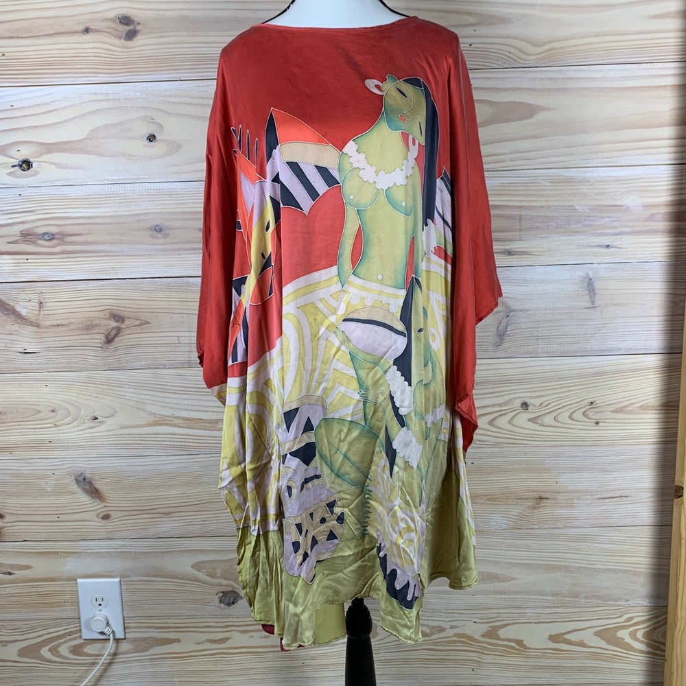 Yang Can Ren Kaftan Dress Womens F Red Silk Hand Painted Batik Art To Wear Tunic